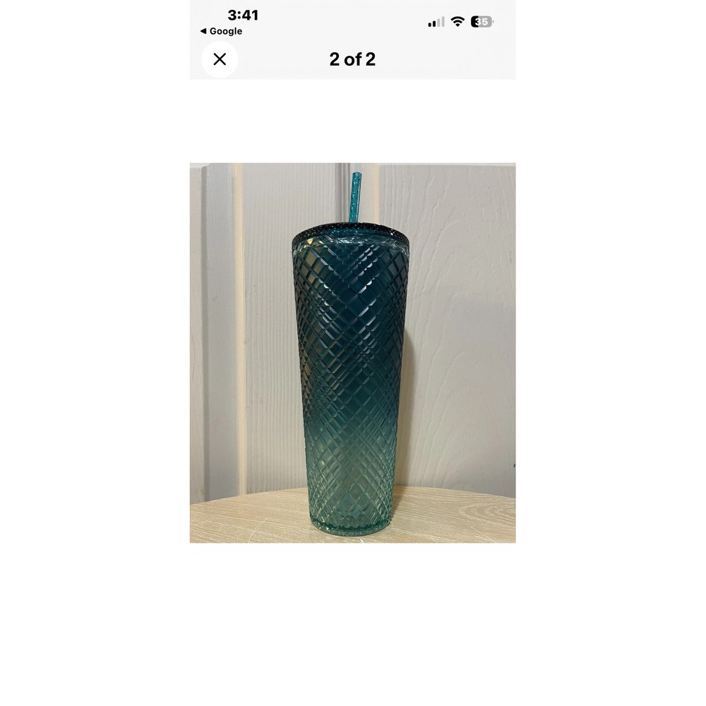 Starbucks Teal Ombre Diamond Grid Studded Venti Tumbler 24oz Blue Cold Cup Straw
